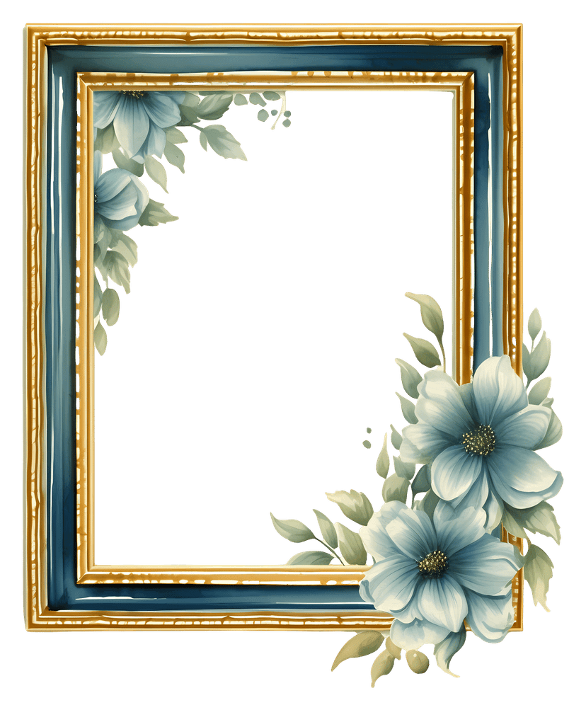 Blue flower watercolor frame features hand-painted petals and green leaves on a transparent background.