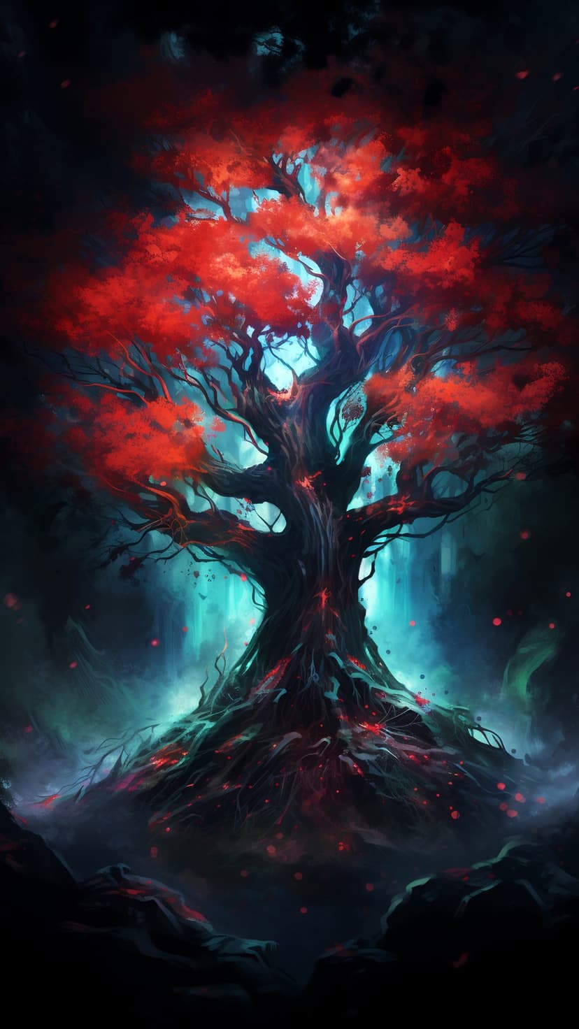Ancient gnarled tree with glowing red orbs and scarlet leaves emerges from a thick teal mist in a dark forest.