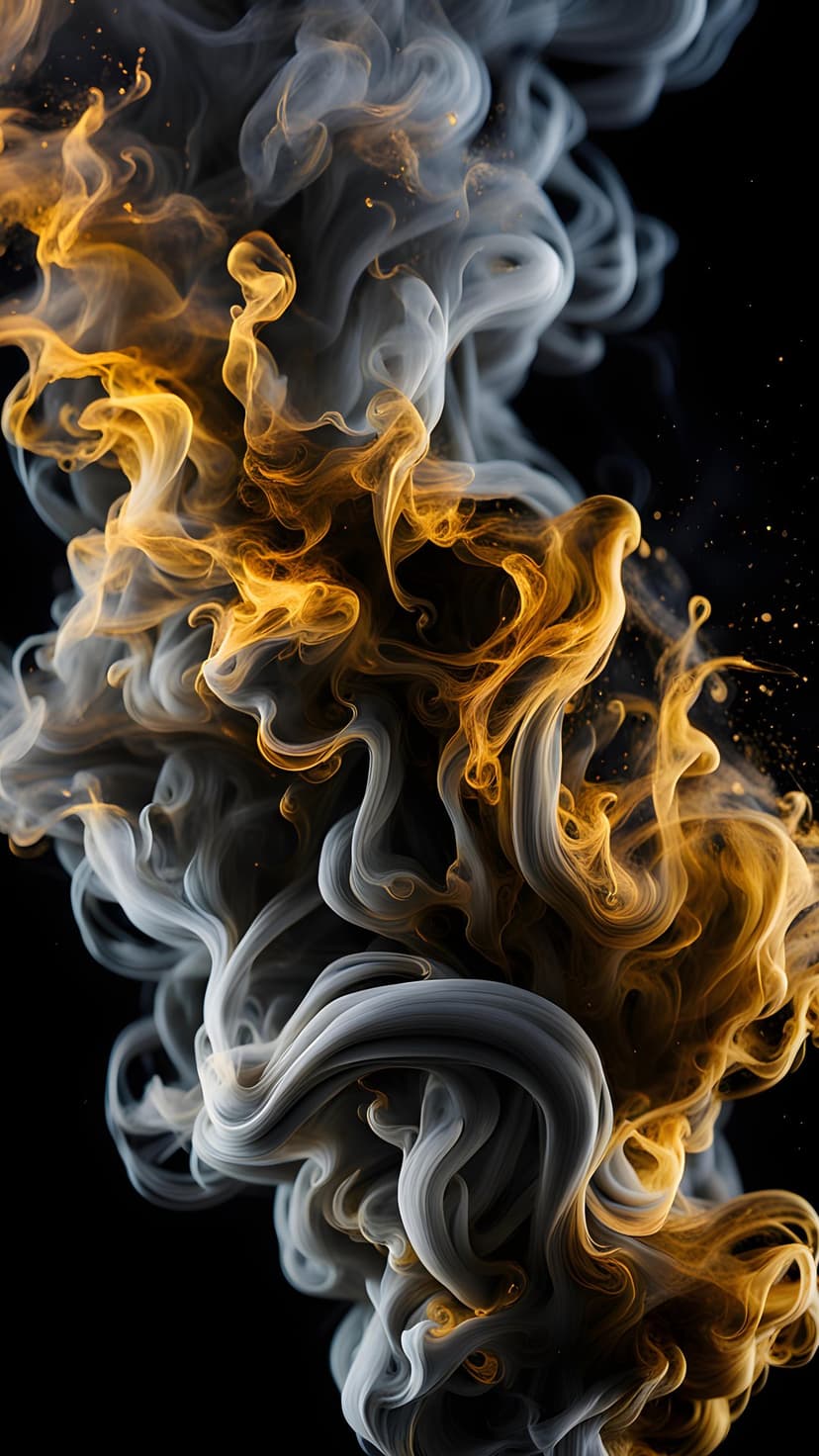 Wispy golden and white smoke trails swirl elegantly against a solid black background in a vertical composition.