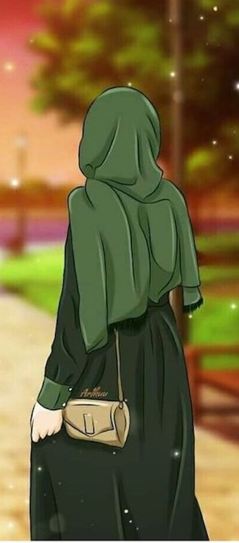 Woman wearing a green hijab and dark dress walks away through a park filled with glowing lights and lush trees.