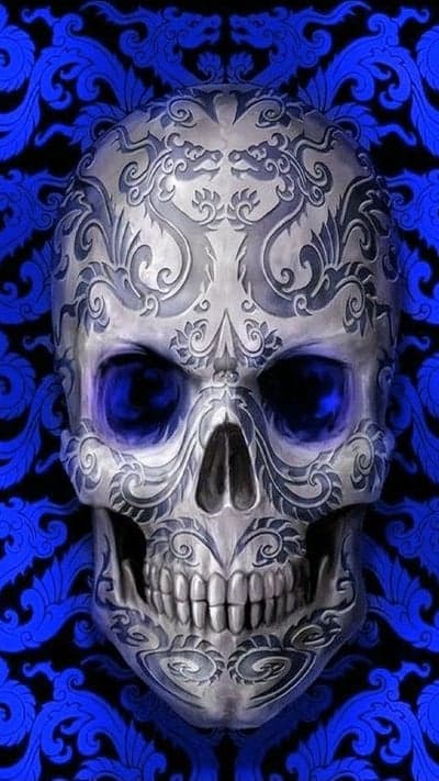 Ornate Silver Skull with Blue Dragon Background