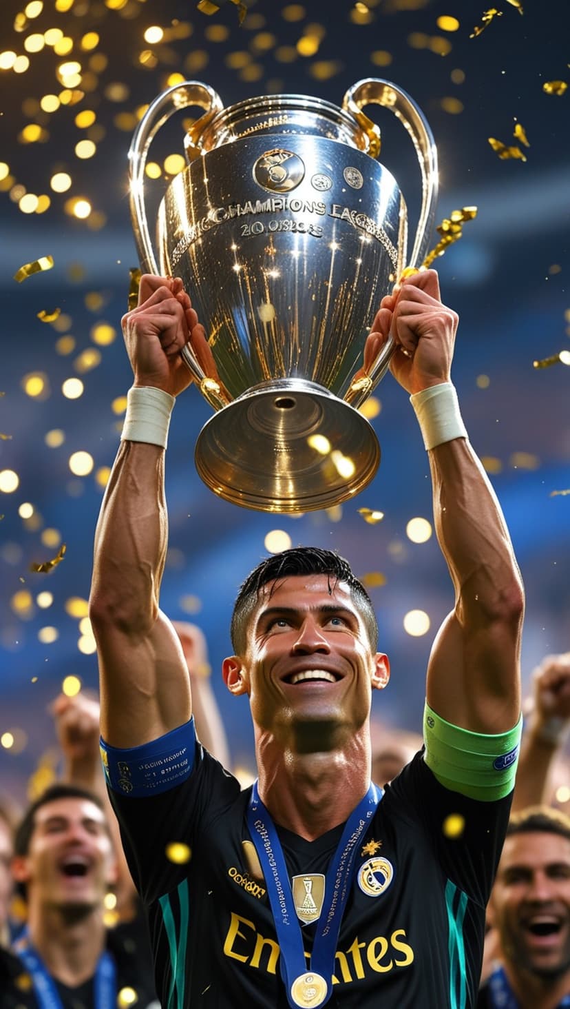 Cristiano Ronaldo hoists the silver trophy amidst falling gold confetti and cheering teammates in a stadium.