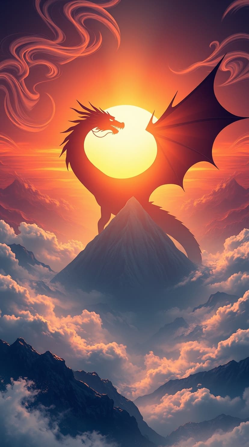 Dragon silhouette perched on a mountain peak against a glowing orange sunset with swirling clouds and misty hills.
