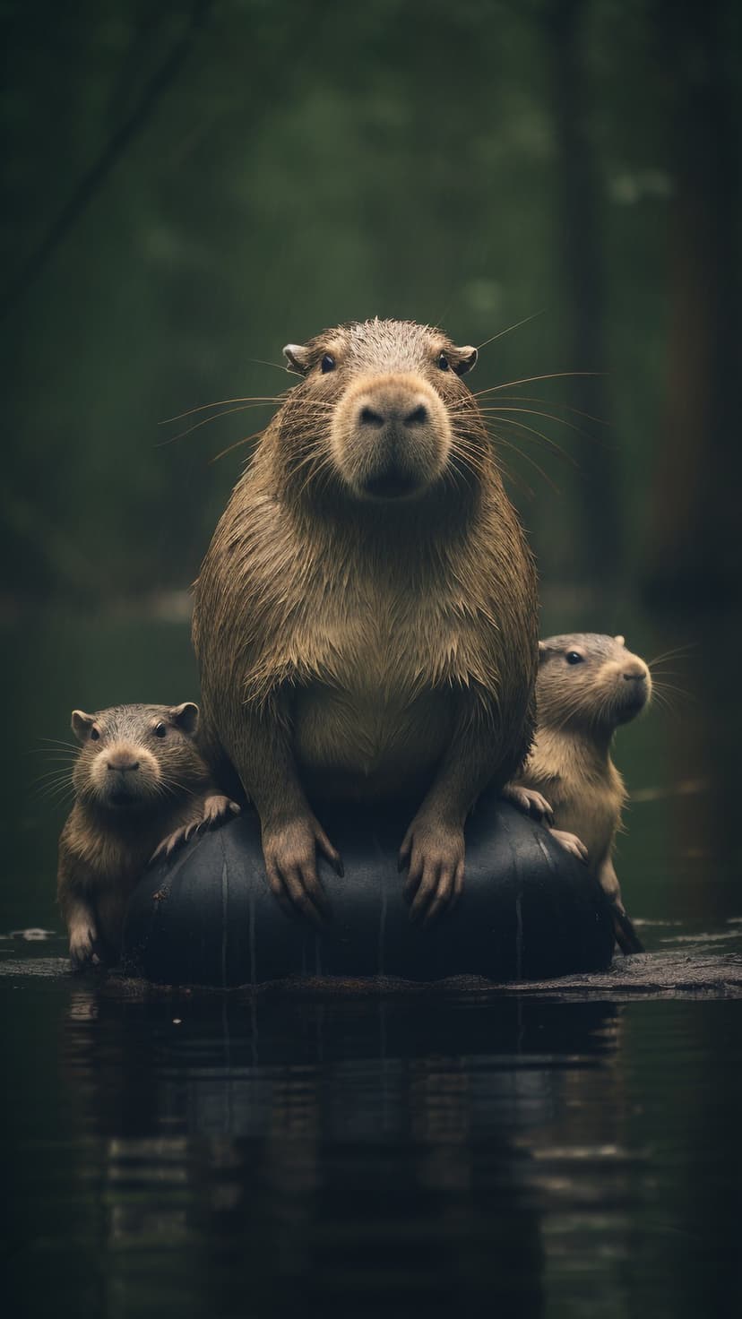 Three capybaras, one large and two small, sit together on a black rubber inner tube floating in a calm pond.
