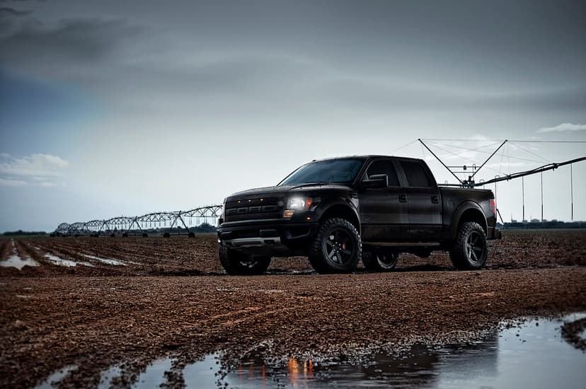 Black Ford Raptor pickup truck parked on a muddy road in a field under a dark, dramatic overcast sky.