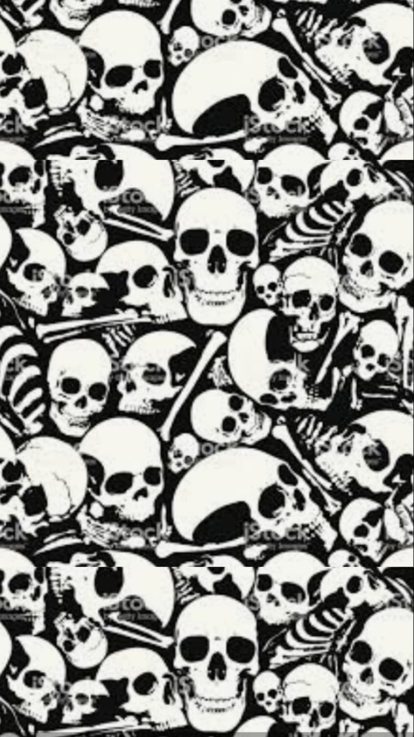 Human skulls and skeletal fragments form an intricate, high-contrast monochrome pattern against a dark background.