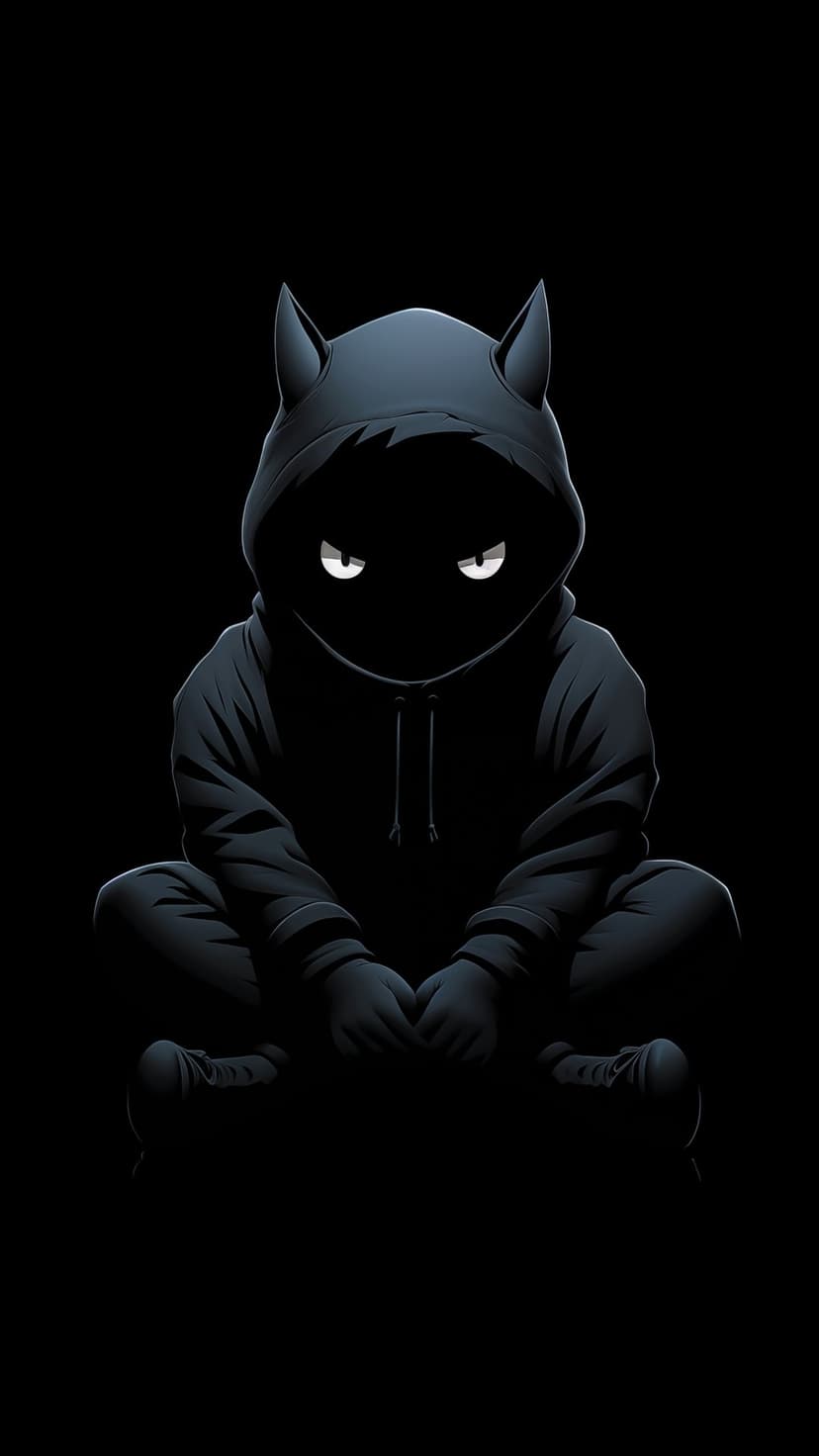 Horned figure in a black hoodie with glowing white eyes sits cross-legged against a dark, minimalist background.