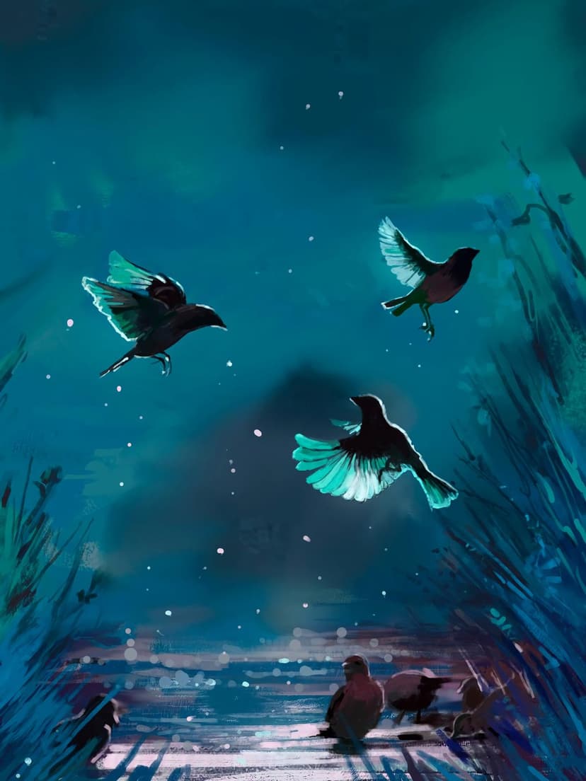 Turquoise winged birds soar past dark blue reeds under a starry night sky above a reflective water surface.