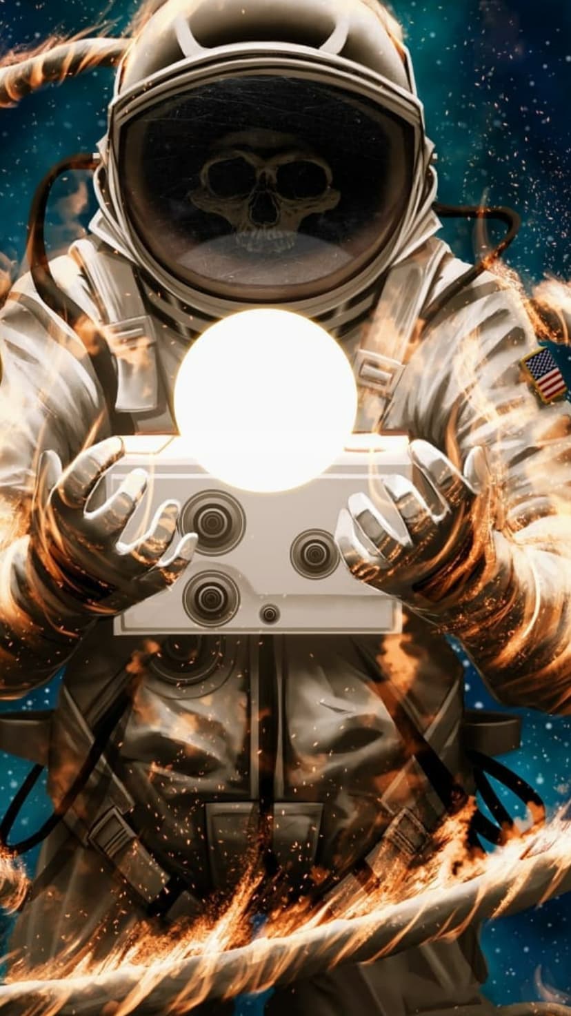 Skeleton in a NASA-style suit grips a blazing orange orb amid floating embers and distant cosmic stars.