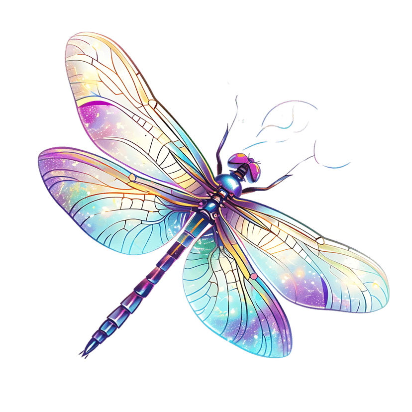 Celestial dragonfly with iridescent galaxy wings displays vibrant purple and blue hues over a metallic body.