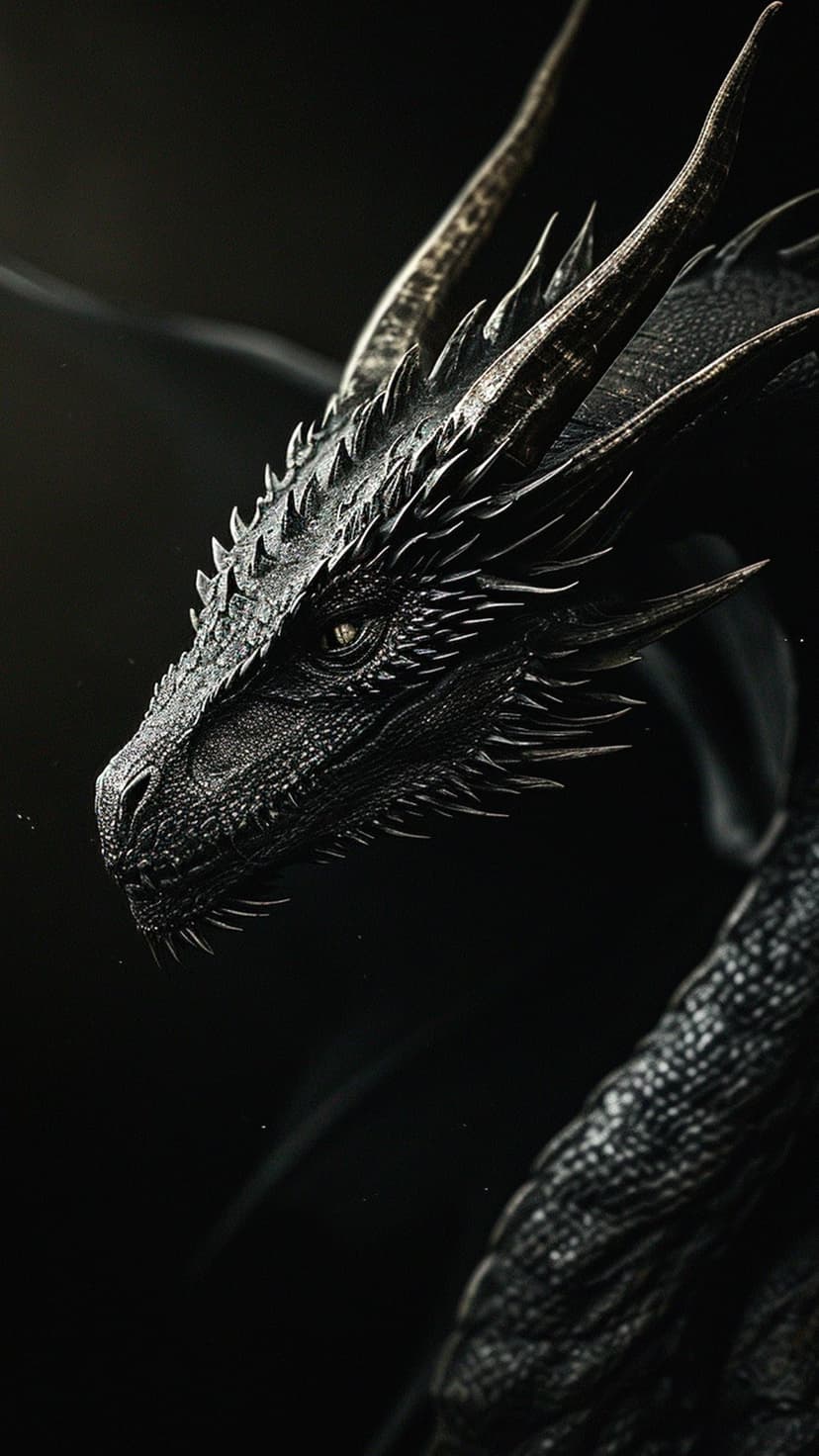 Black dragon with textured obsidian scales and a piercing yellow eye stares forward against a dark background.