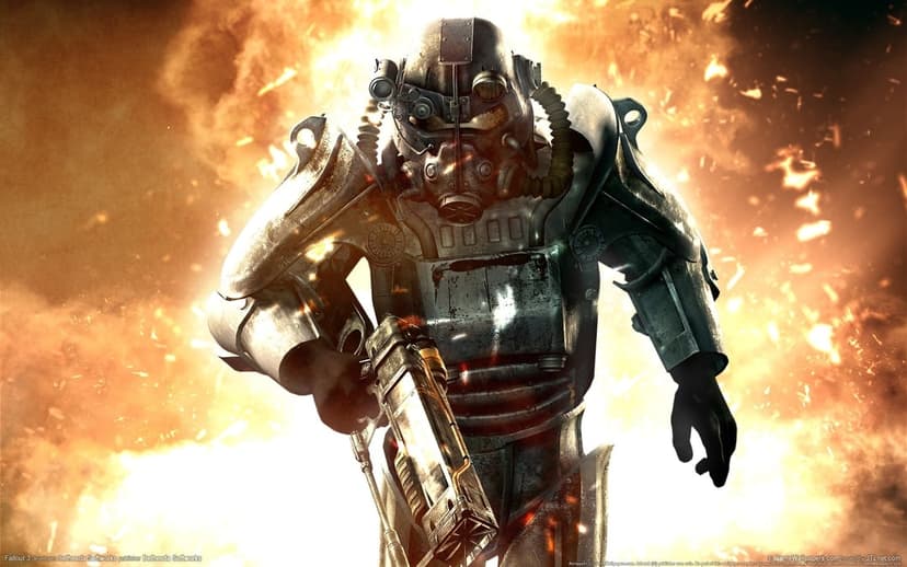 T-45d power armor soldier strides through a massive fiery explosion with sparks and intense orange backlighting.