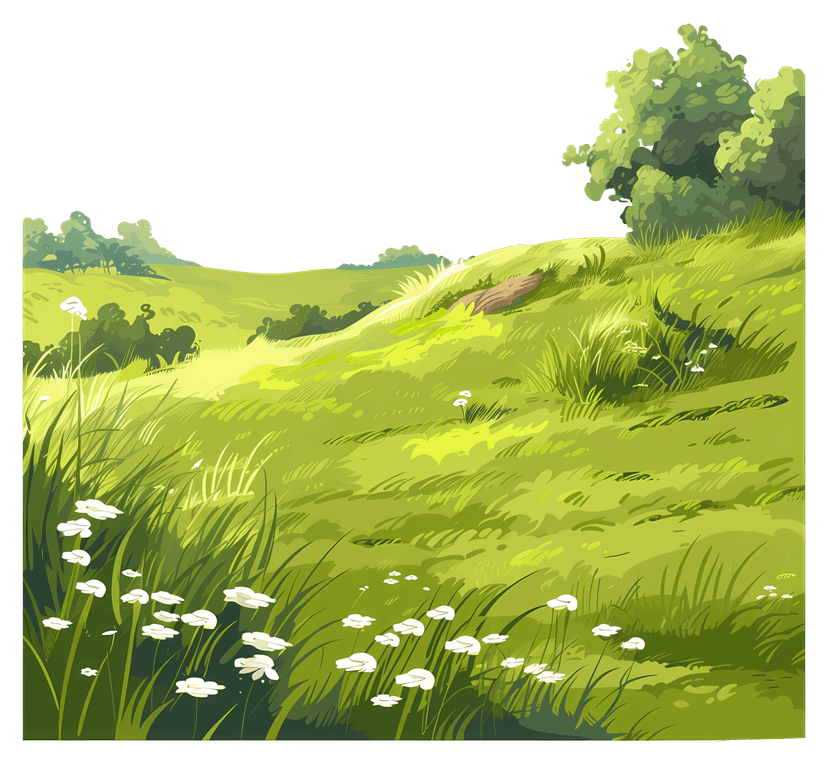 Wildflower meadow illustration with colorful blossoms and green grass blades set against a transparent backdrop.