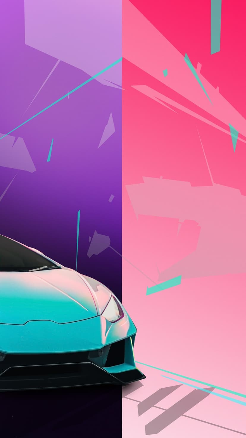 Teal Lamborghini front end centered between split pink and purple backgrounds with sharp geometric glass shards.