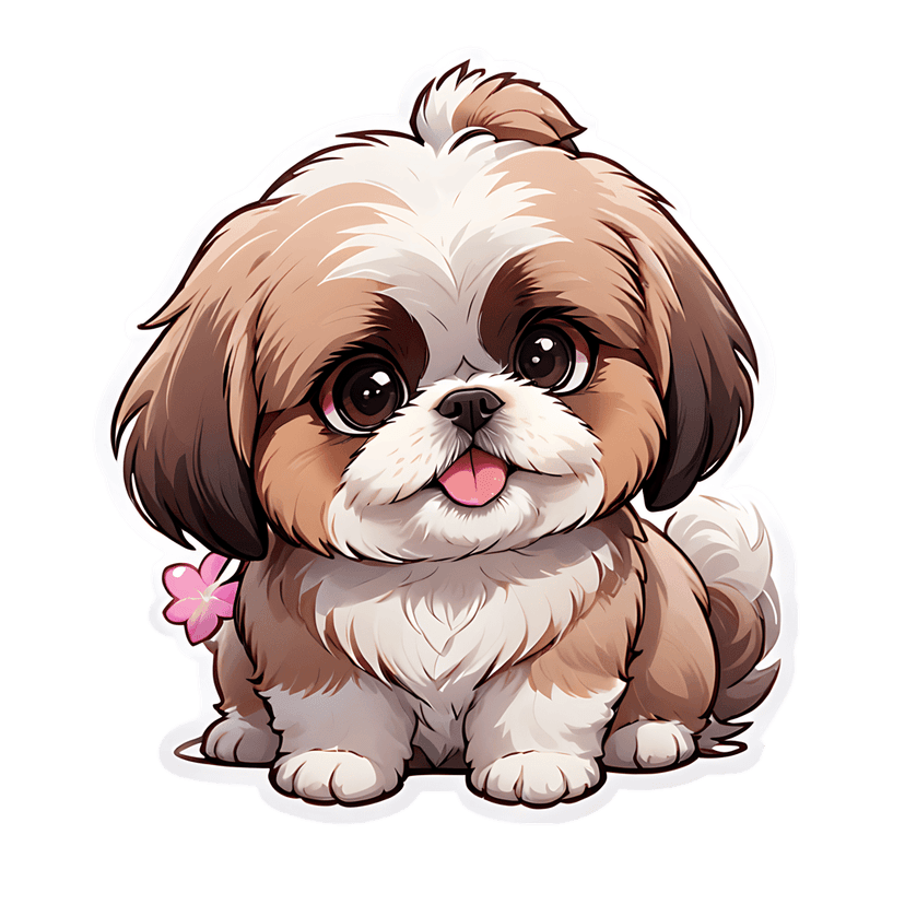 Shih Tzu puppy sticker illustration with brown and white fur, a pink flower ear accent, and front-facing pose.