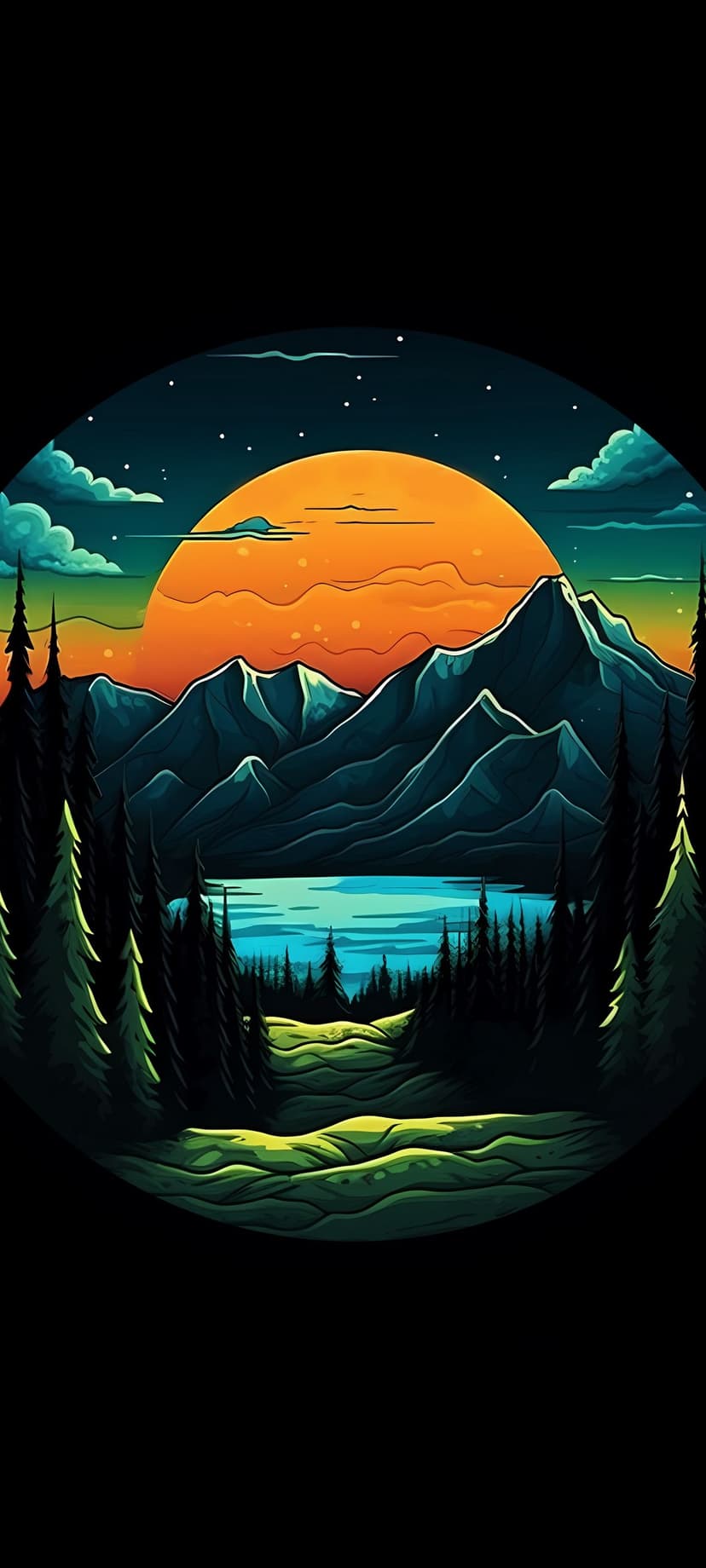 Fiery orange sun dipping behind jagged mountains with a reflective lake and silhouetted pine trees at dusk.