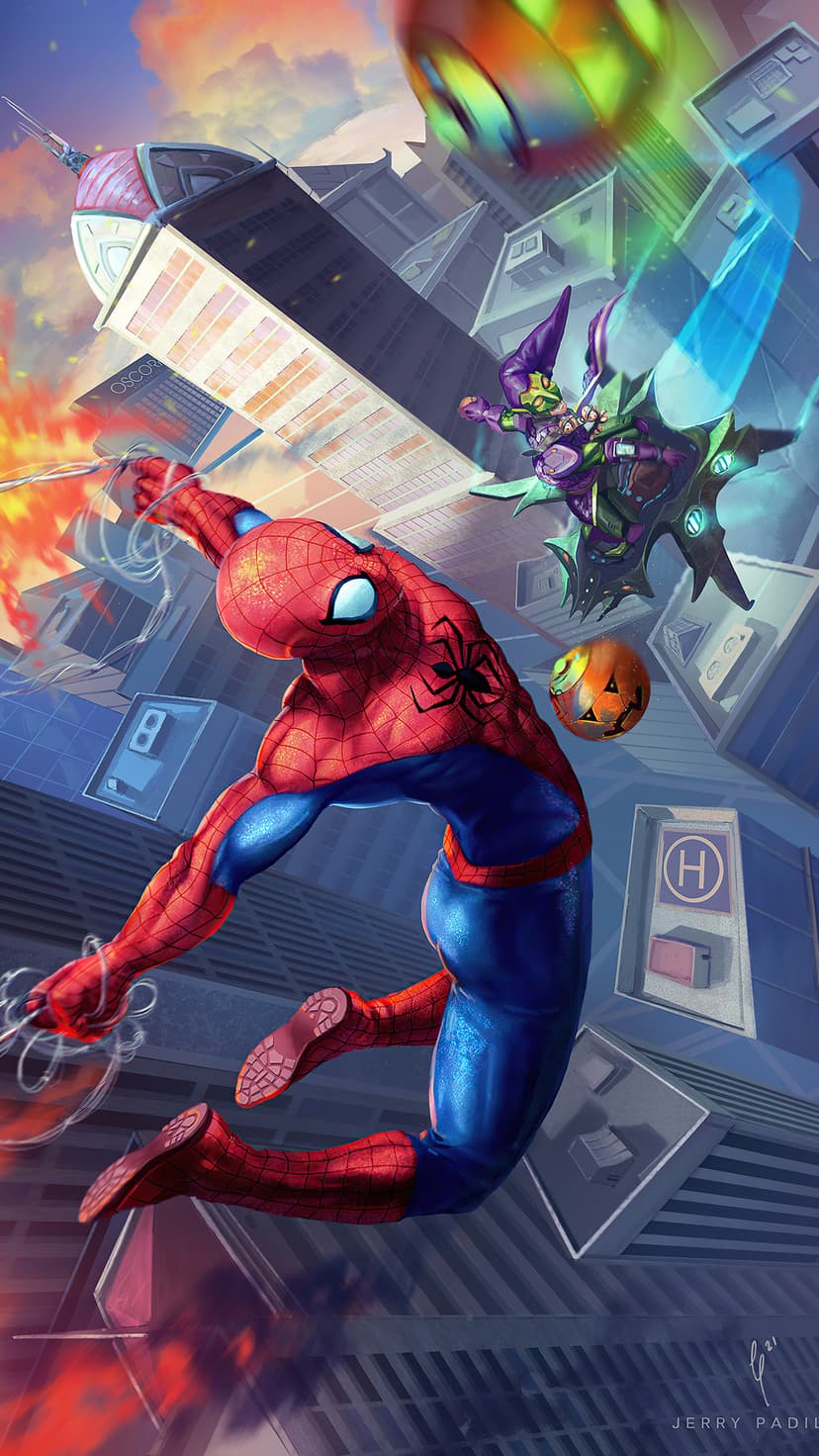 Spider-Man leaps past an orange explosion while the Green Goblin flies on a glider over New York City buildings.