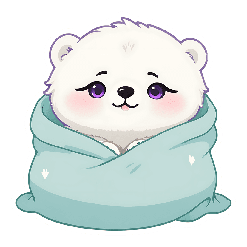 White polar bear cub wrapped in a light blue blanket with purple eyes and pink cheeks on a white background.