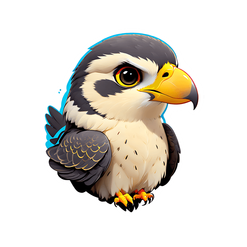Baby peregrine falcon sticker with gray feathers, large orange eyes, and a yellow beak on a white background.