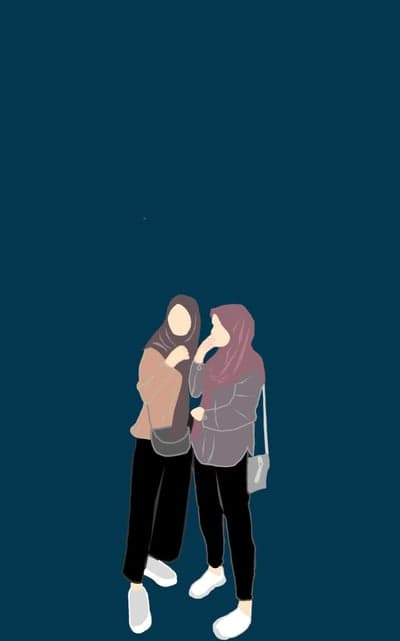Two Muslim women in hijabs talking, minimalist art