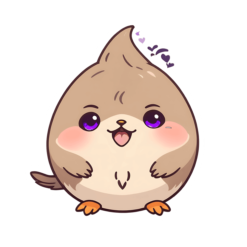 Bird sticker with purple eyes and pink cheeks features a glossy front-facing pose with floating hearts.