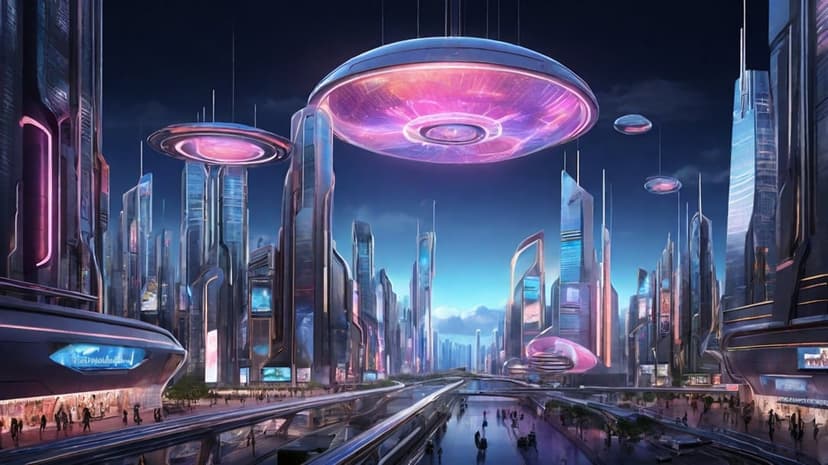 Glowing disc-shaped craft navigate between towering neon skyscrapers in a dark, vertical metropolitan skyline.