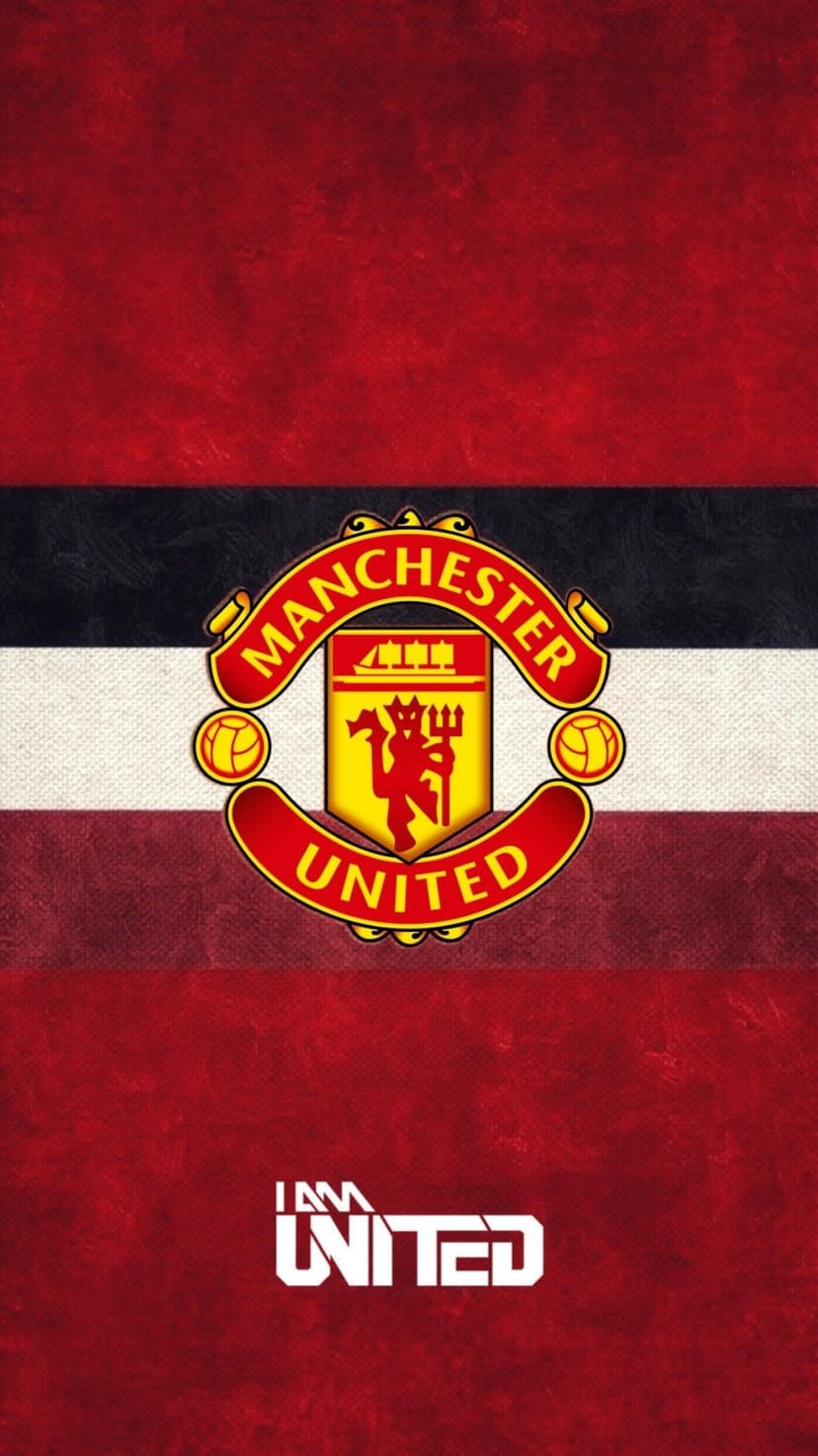 Manchester United crest centered on red, black, and white horizontal stripes with I AM UNITED text at the bottom.