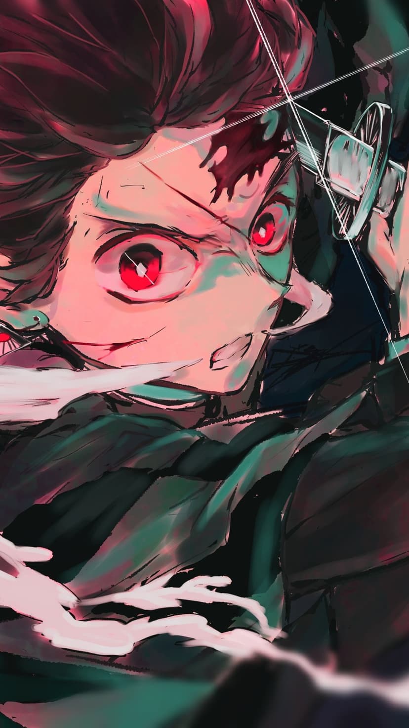 Tanjiro Kamado with glowing red eyes and blood on his forehead holds a katana amidst swirling dark smoke.