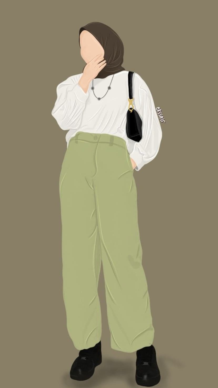 Faceless woman wearing a brown hijab, white shirt, and green wide-leg pants holding a black leather handbag.