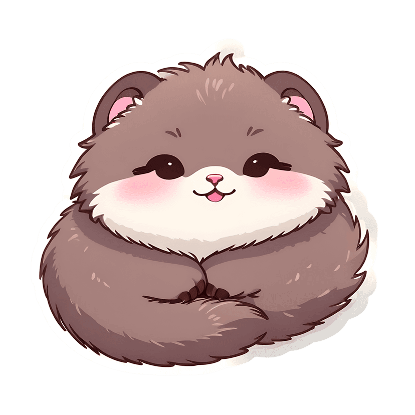 Taupe hamster sticker illustration showing a front-facing fluffy rodent with pink cheeks and a white belly.