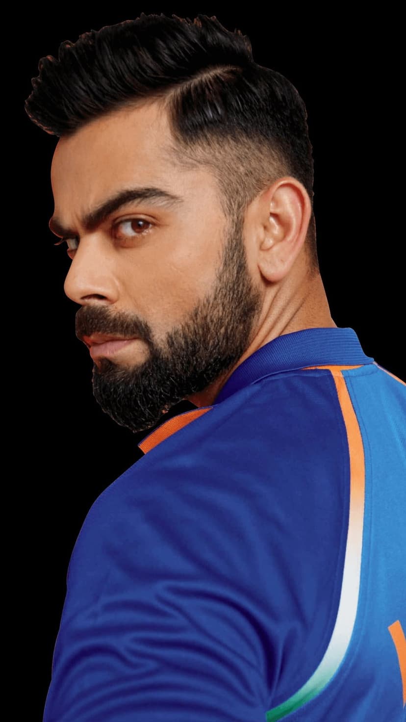 Virat Kohli looking over his shoulder while wearing a blue Indian cricket jersey with a groomed beard and styled hair.