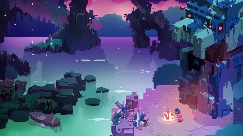 Pixel art character sitting by a campfire on a rocky cliff overlooking purple misty mountains and ruins.