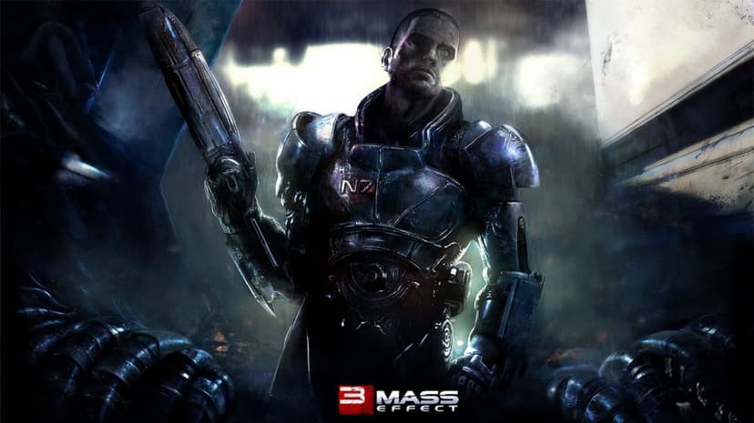 Commander Shepard in battle-worn N7 armor holds a rifle in a dark, rainy sci-fi landscape with cinematic lighting.