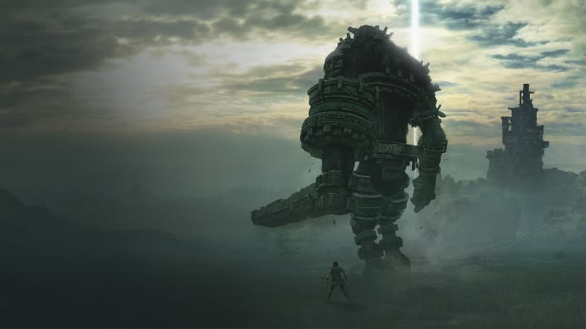 Massive stone colossus with a pillar sword facing a small warrior in a misty field under a dramatic cloudy sky.