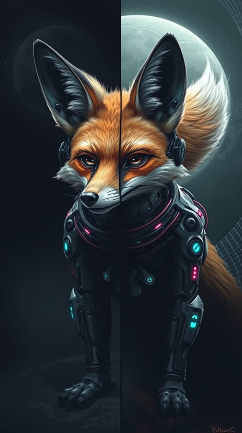 Cybernetic fox with split organic and robotic facial features wearing glowing pink and blue futuristic armor.