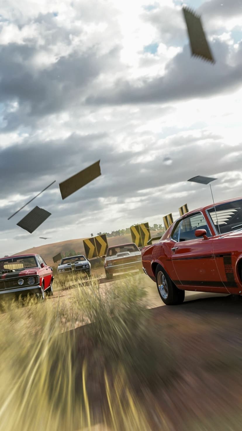 Red Ford Mustang Boss 302 and muscle cars racing on a dirt track with flying debris and motion blur.