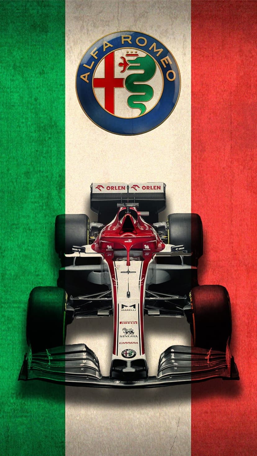 Alfa Romeo F1 car front wing with red and white livery over a textured green, white, and red Italian flag backdrop.
