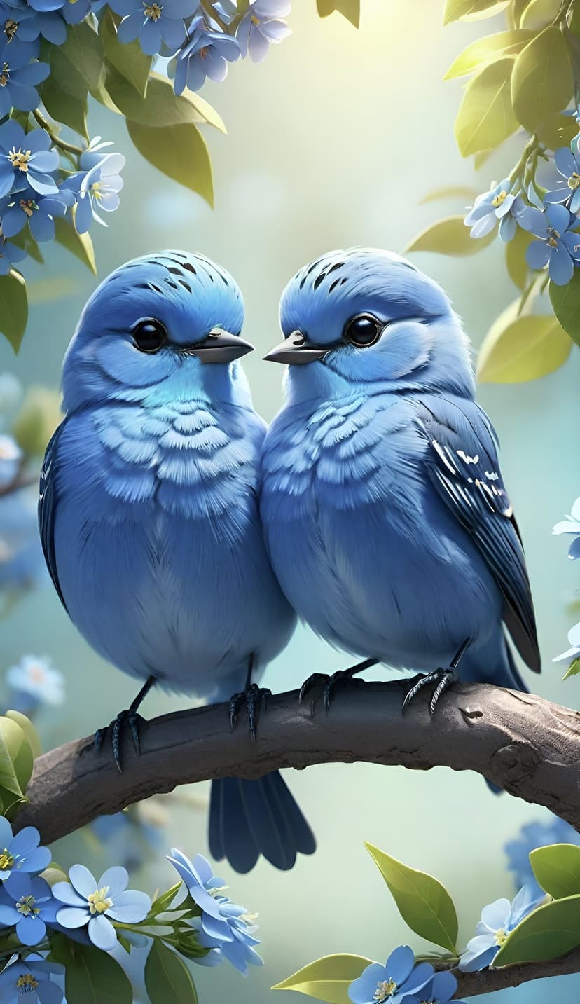 Two small blue birds perch closely on a branch surrounded by tiny blue flowers and soft green leaves in sunlight.