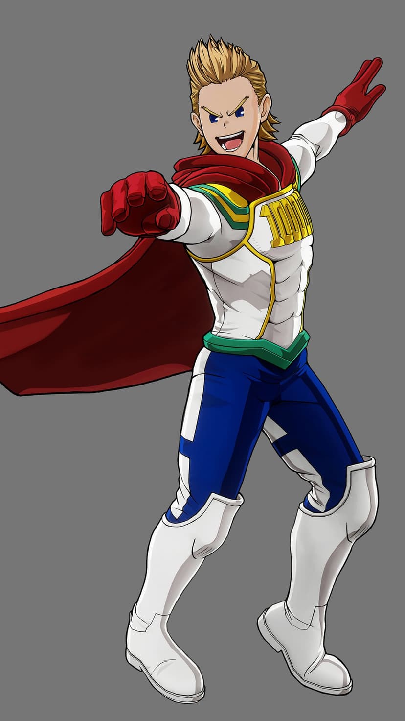 Mirio Togata wearing his Lemillion hero costume with a red cape and smiling confidently against a gray background.