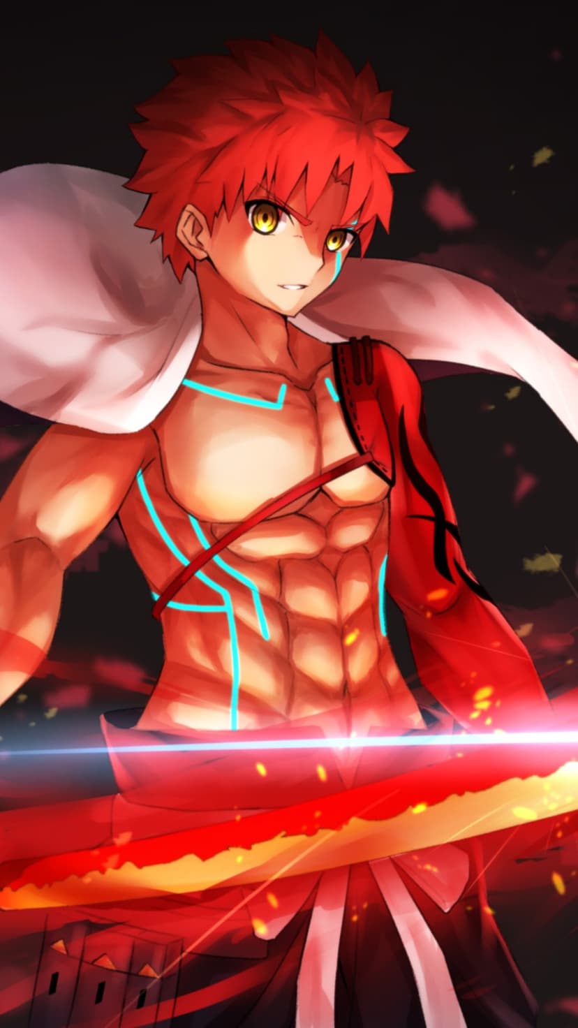 Muscle-bound fighter with glowing blue lines across his chest holds a flaming red sword against a dark backdrop.