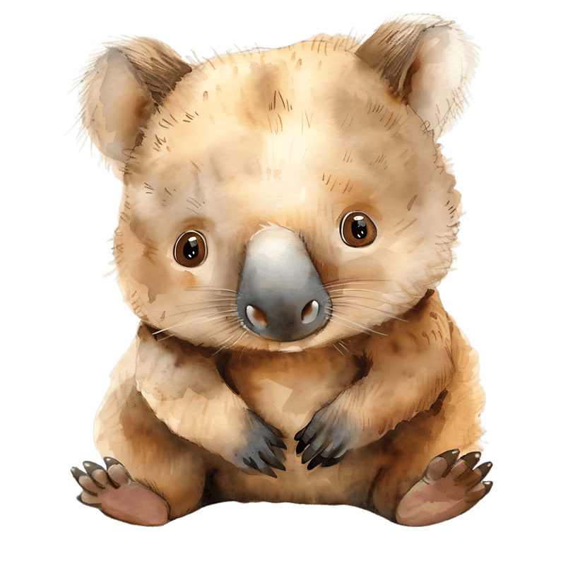 Wombat watercolor illustration showing a brown furry marsupial in a sitting pose with soft painted textures.