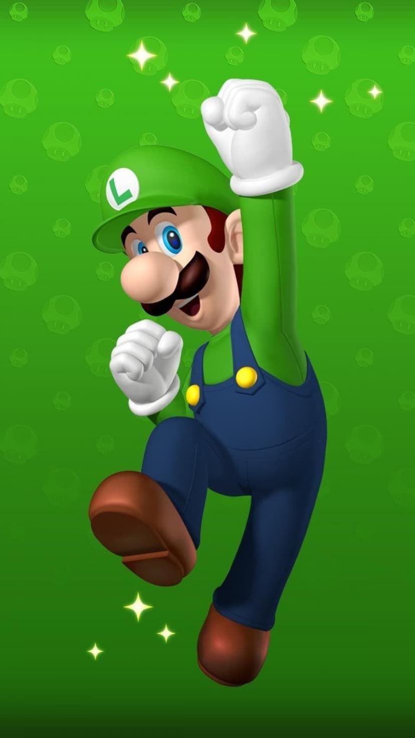 Luigi jumps with arms raised against a green background featuring stylized mushrooms and small yellow stars.