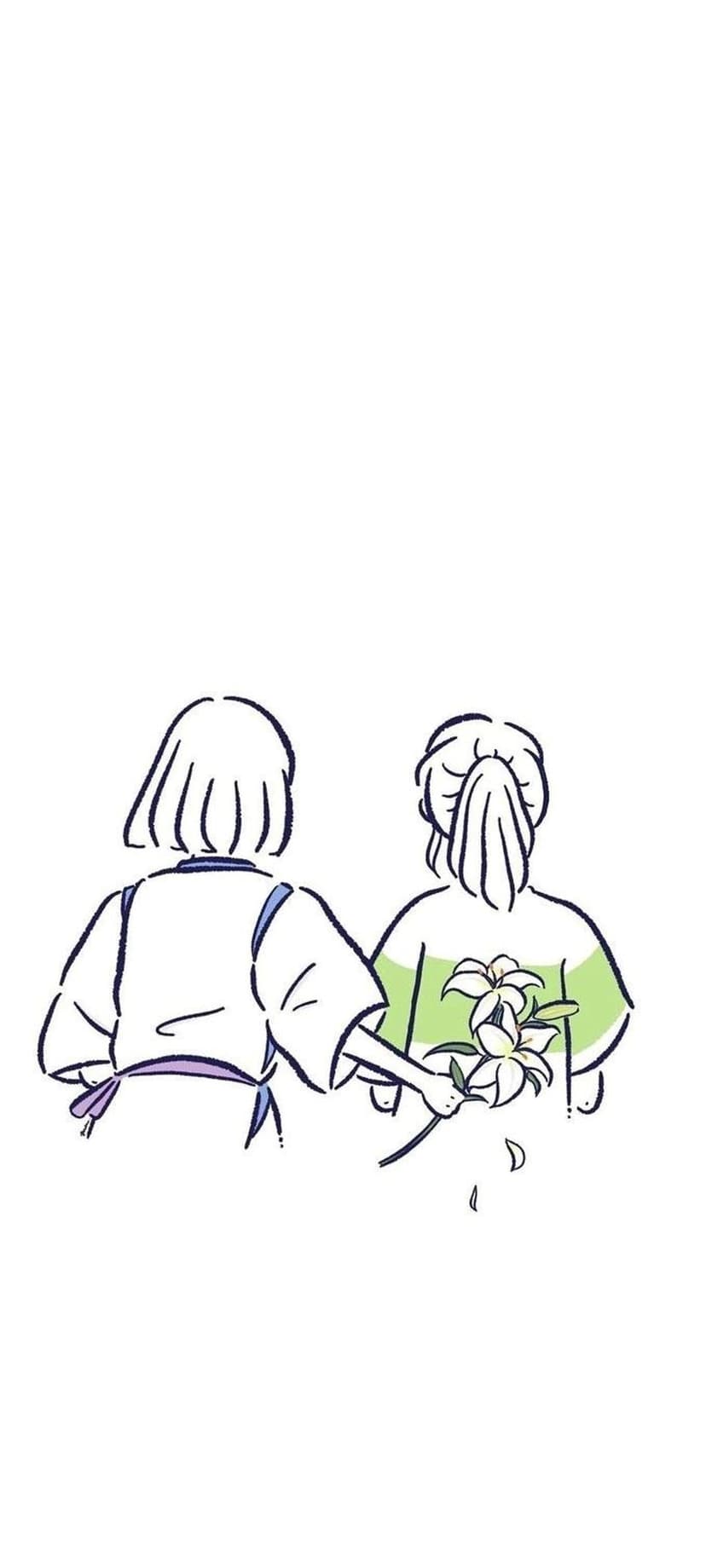 Two figures seen from behind share a bouquet of white lilies wearing a striped shirt and purple-trimmed robe.