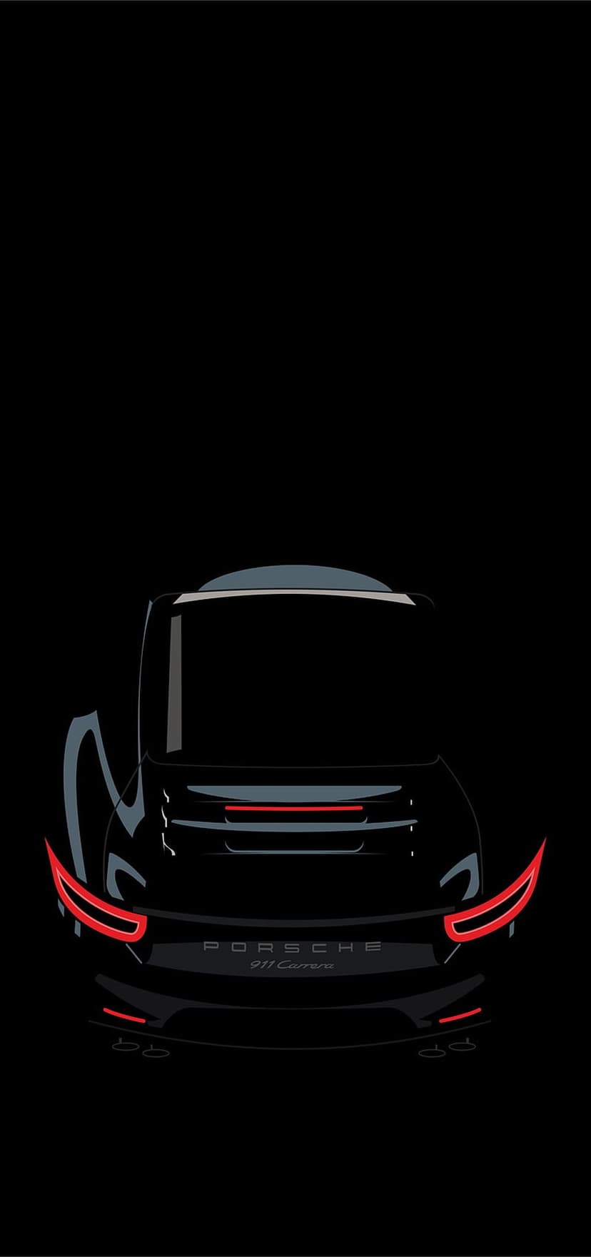 Rear view of a black Porsche 911 Carrera showing the red horizontal taillight bar against a dark background.