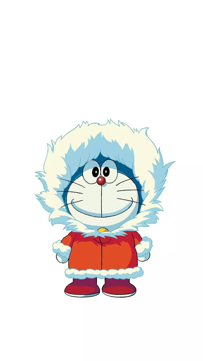 Doraemon wears a red winter parka with a blue fur-lined hood and matching boots while smiling in a vertical pose.