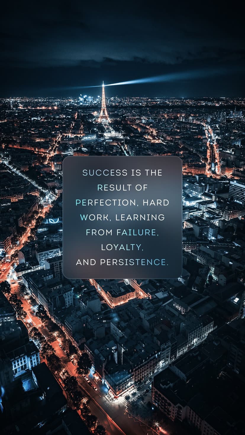Eiffel Tower glowing in the center of a night city panorama with a semi-transparent text overlay about success.