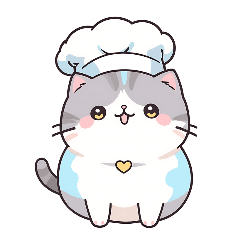 Kitten chef sticker illustration featuring white hat and yellow heart on chest, front facing chibi character.