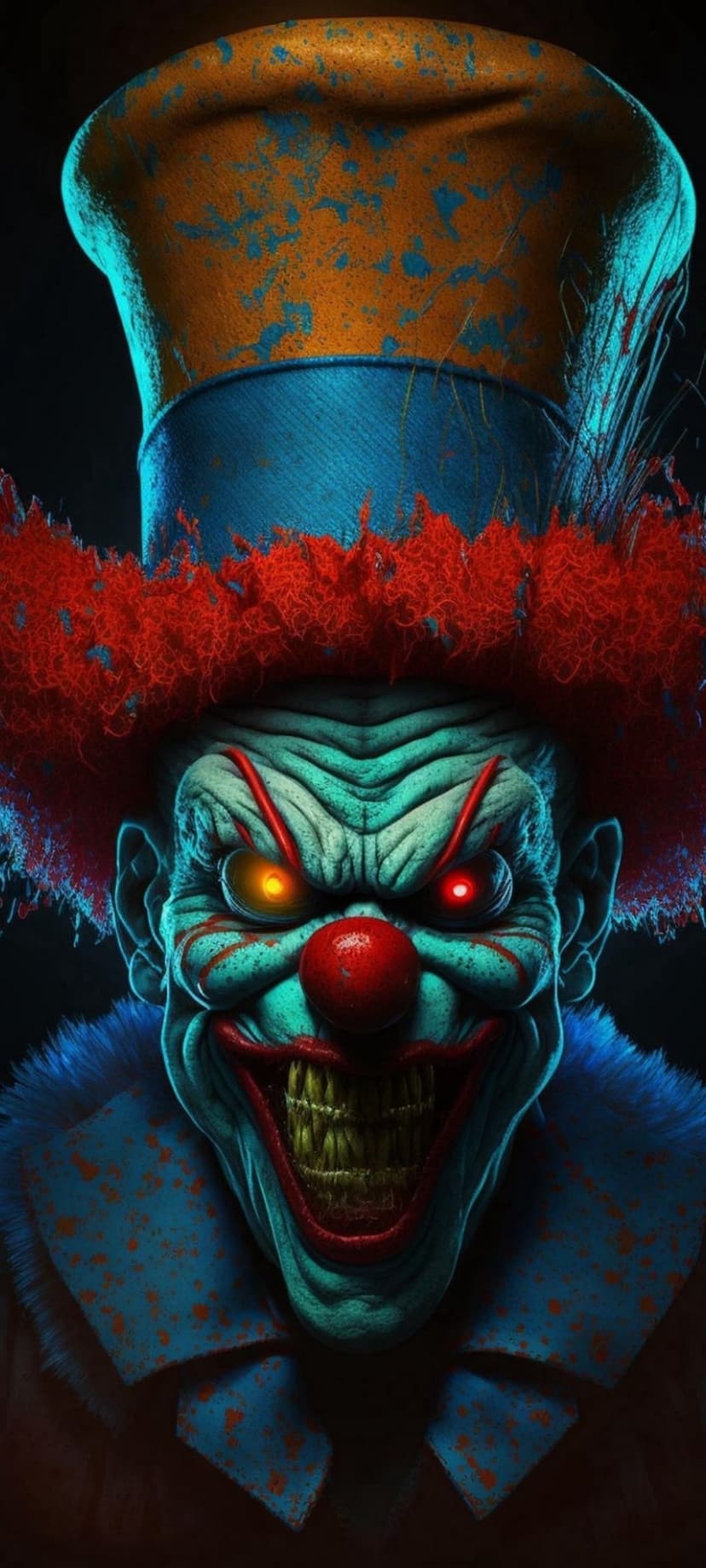 Evil clown with a cracked teal face, glowing orange eyes, a jagged grin, and a tattered blue top hat.
