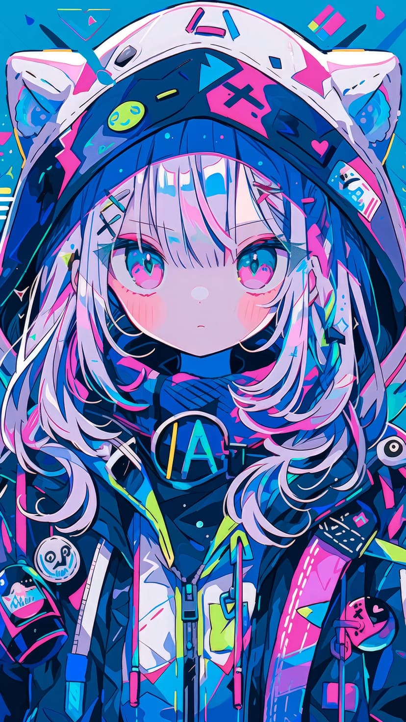 Anime girl with pink and blue hair wears a glowing neon jacket and cat ears in a futuristic portrait style.