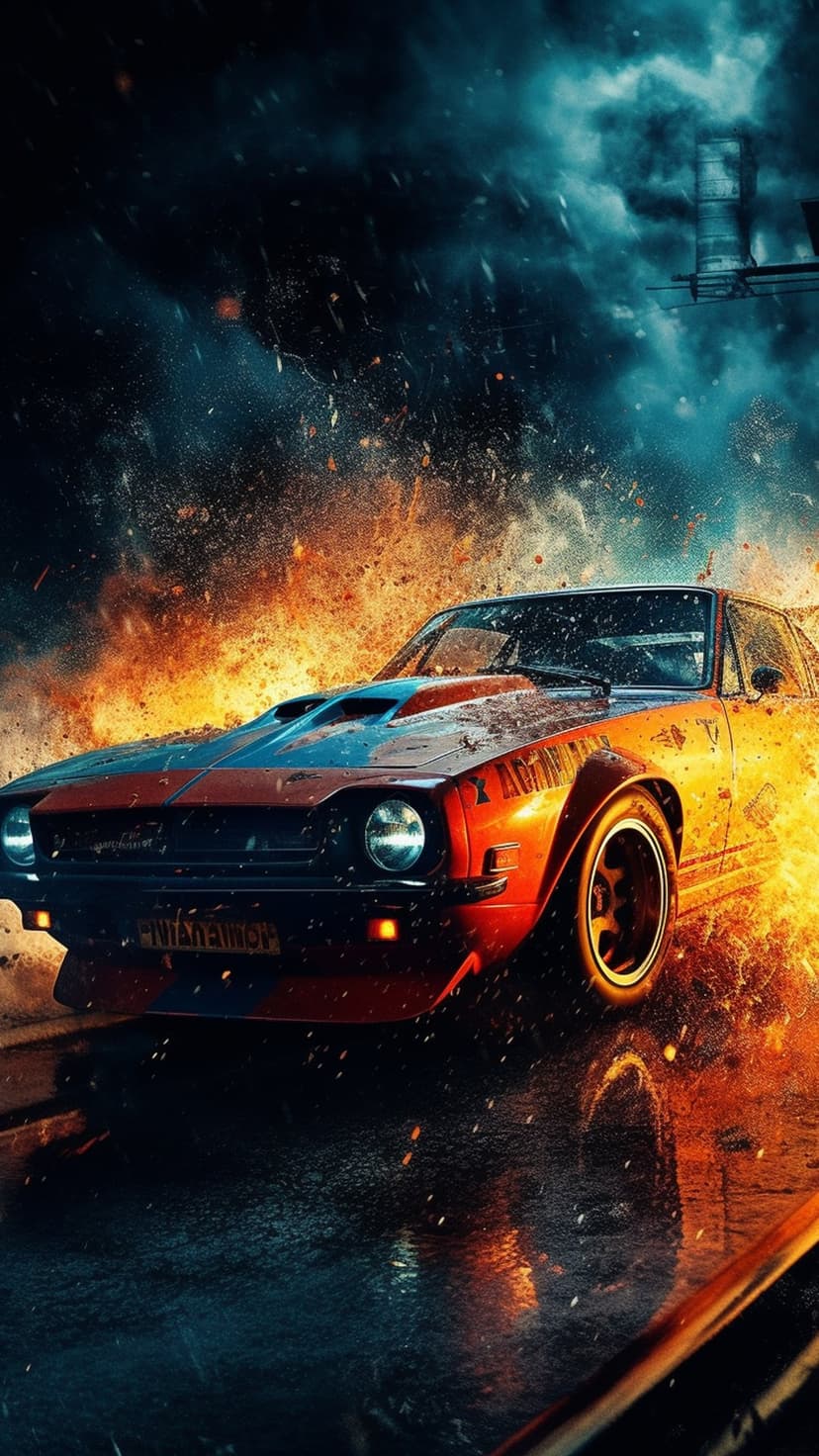 Muscle car racing on a wet night road with flames erupting from the tires and sparks flying in the dark air.